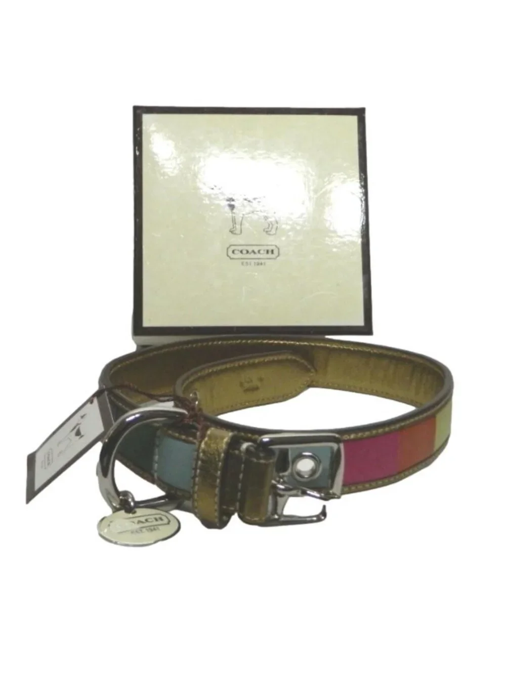 Coach 60194 Legacy Stripe Leather Charm Dog Collar Sz L NIB!